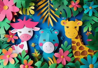 colorful paper cut out animals and flowers