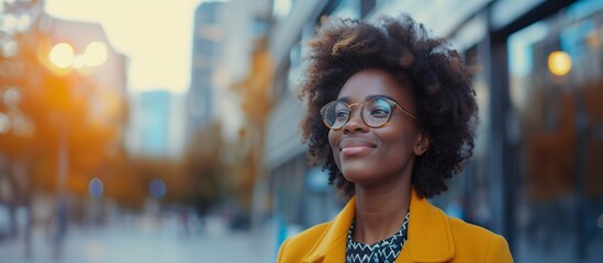 Confident Smiling African American Businesswoman, Corporate Buildings, Leadership, Empowerment, Copy Space. 