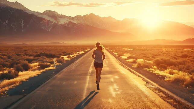 A woman running on an open road with mountains in the distance, the sunrise casting a golden glow, representing her journey towards her personal goals and the pursuit of her dreams