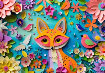 Colorful paper craft floral and animal background