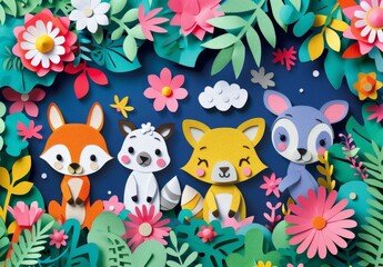 Naklejka premium Colorful paper craft animals and flowers