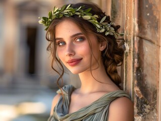 young woman with flower crown in natural light