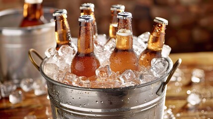 Frosty condensation clings to beer bottles nestled in a bucket overflowing with ice. Resting on a weathered wooden table, the scene promises a refreshing escape from the summer heat