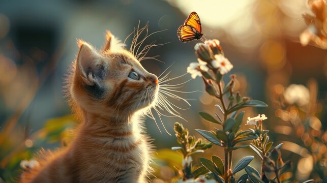 cute kitten staring curiously at a butterfly
