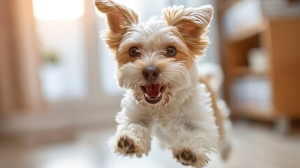 Image of a funny dog making a silly face while jumping