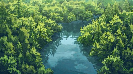 Fototapeta premium A tranquil painting showcasing a river winding its way through a lush forest, surrounded by a variety of trees creating a peaceful and harmonious scene. Generative AI