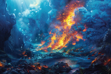 Fototapeta na wymiar An underwater volcanic eruption creating bubbles and steam, with marine life around