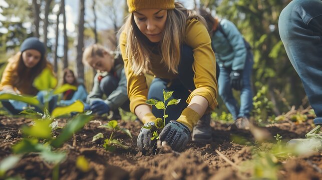 An environmentalist planting a tree in a forest, surrounded by volunteers, symbolizing the dream of preserving the planet and promoting sustainability