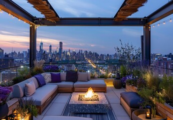 Obraz premium Atop a celebrity's residence lies a serene rooftop garden, offering panoramic views of the city skyline amidst lush greenery, creating an oasis of tranquility amidst urban hustle.