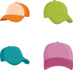 Collection of four baseball caps in different colors isolated on a white background