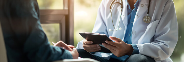 A doctor is engaging with a patient, taking notes on a digital tablet with a stylus, discussing health matters