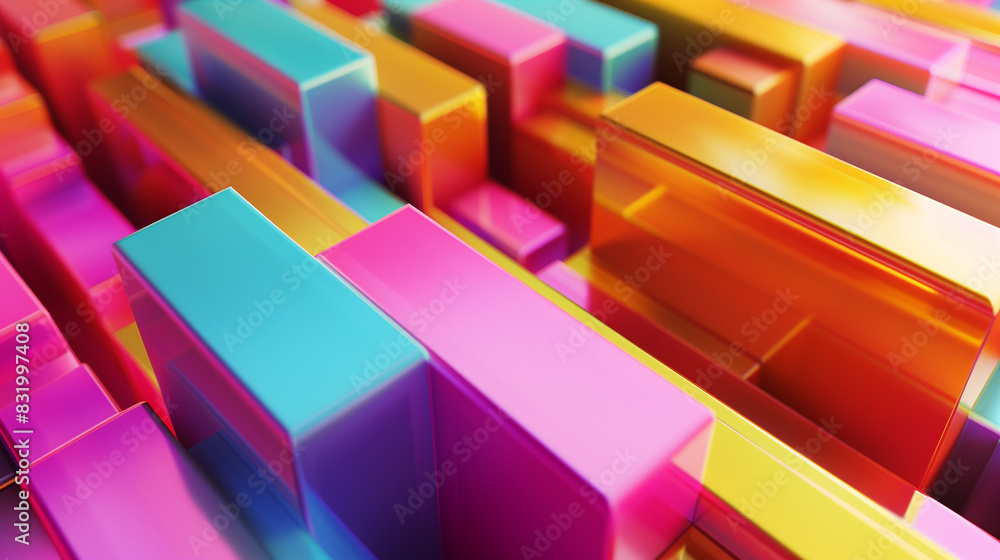 Poster a colorful cityscape made up of blocks of different colors. the blocks are arranged in a way that cr