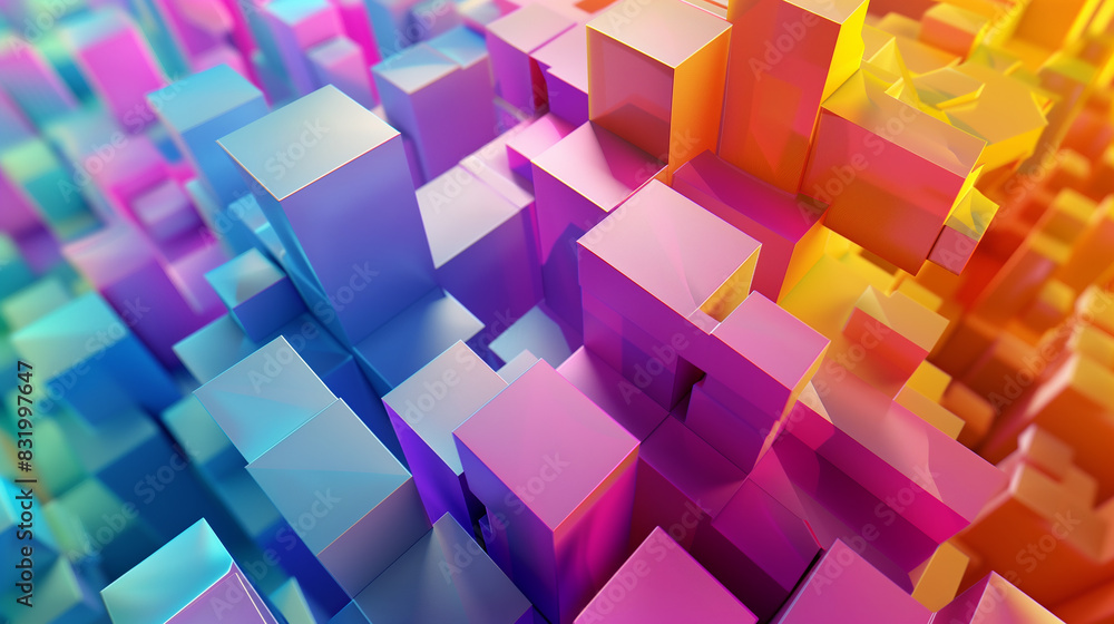 Poster a colorful cityscape made up of blocks of different colors. the blocks are arranged in a way that cr