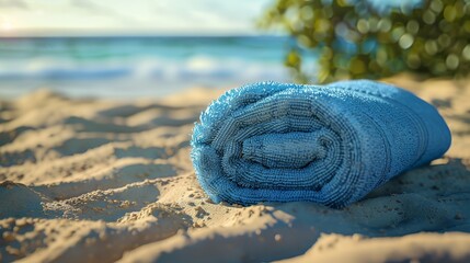 A soft blue beach towel rolls neatly on golden sandy beach, ready for a sunbather
