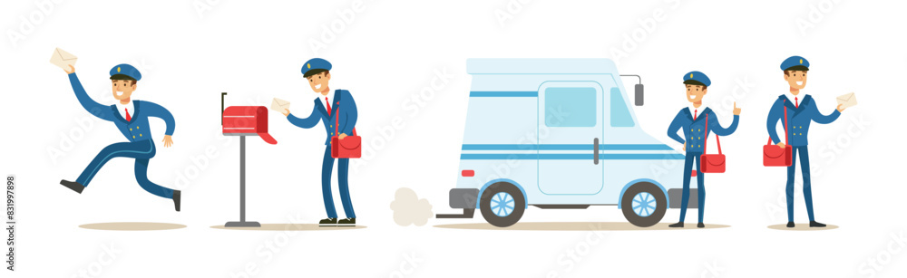 Poster postman character wear cap and uniform in different situation vector set