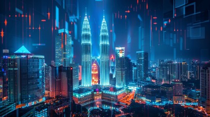 Stock market graph hologram, night panorama city view of Kuala Lumpur.