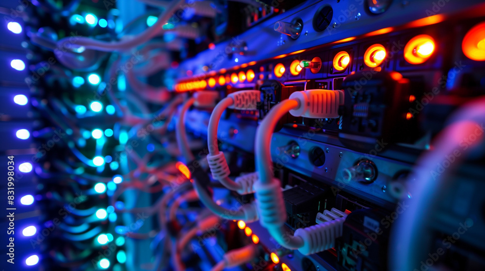 Poster a computer network with many wires and cables. the wires are red and blue. the cables are connected 