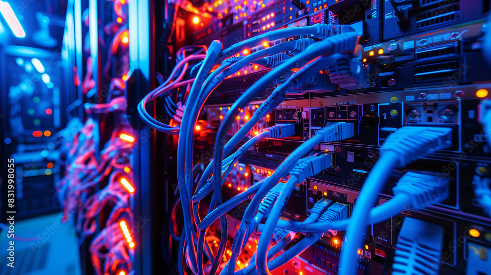 Poster a computer network with many wires and cables. the wires are red and blue. the cables are connected 
