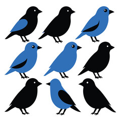 Set of Blue Tanager BlueGrey Tanager animal black silhouettes vector on white background