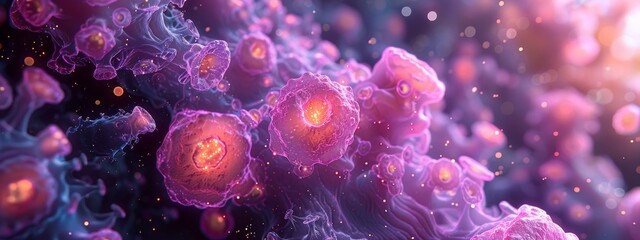 3D close-up of purple microorganisms arranged in a beautiful background.