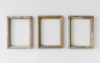 Three empty wooden frames on a white background with polished for minimal idea creative concept