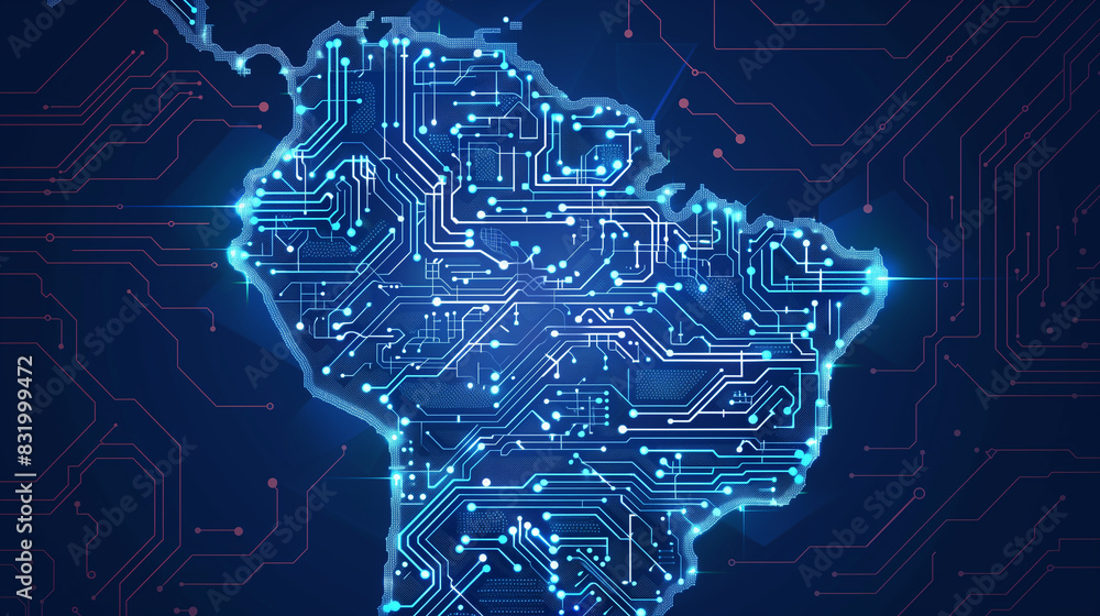 Poster a blue computer chip with a map of south america on it. the image has a futuristic and technological