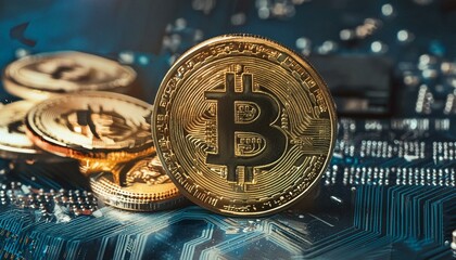 Bitcoin on Circuit Board - Visualization of Blockchain Technology - Crypto Trading and Future Payment - Bitcoin Mining - Virtual Money on Blockchain Technology