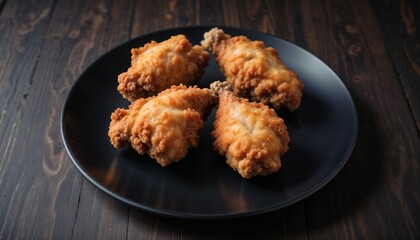 Crispy fried chicken in a matte black porcelain plate on a black wooden background
