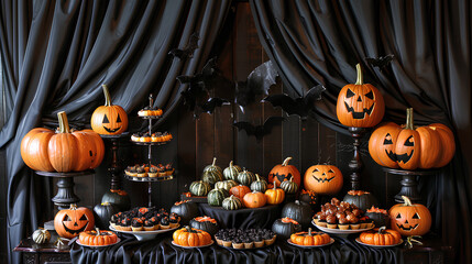 Elegant Halloween Dessert Table with Jack-o'-Lanterns and Bats