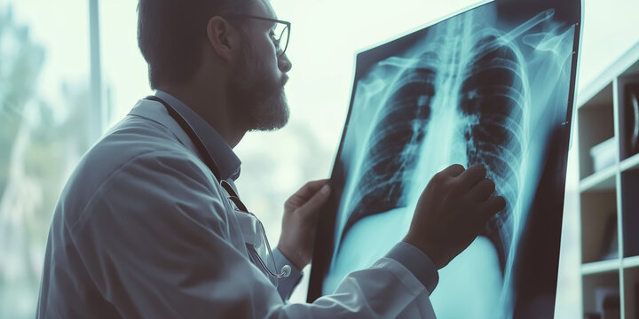 The image depicts a medical professional examining a patient's chest x-ray on a lightbox, analyzing it for diagnosis