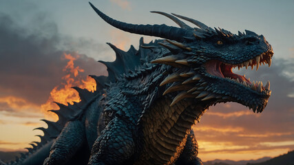 A fearsome dragon bares its teeth, its mouth wide open, exuding an aura of power and danger.