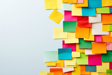 Cluster of colorful sticky notes against a light blue background creating a vibrant organized look