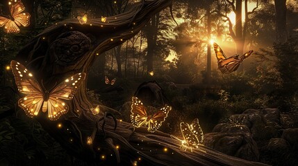 Enchanted Twiligt, Forest Alive with Illuminated Butterflies and Fallen Trunk. Generative Ai