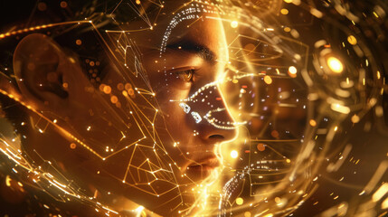 A closeup shot of male face with digital data flowing around him in an array of holographic icons
