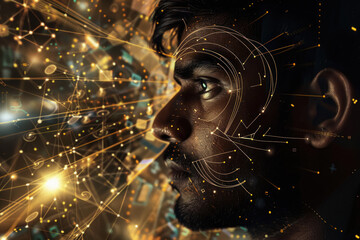 A closeup shot of male face with digital data flowing around him in an array of holographic icons