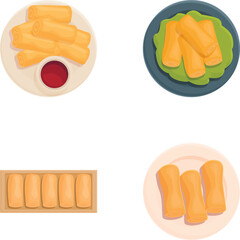 Four illustrations of spring rolls served with sauce, perfect for menus and food blogs