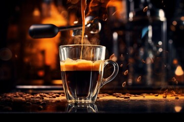 Fototapeta premium Espresso is poured into a cup on the background of a professional coffee machine and coffee beans