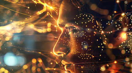 A closeup shot of male face with digital data flowing around him in an array of holographic icons
