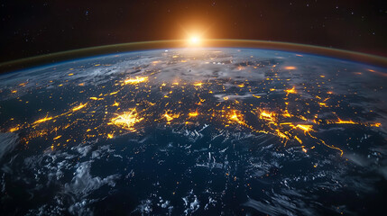 Panoramic view of planet Earth globe from space. Glowing city lights, light clouds.