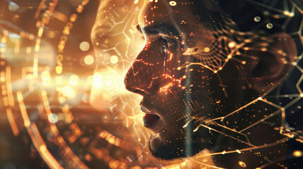 A closeup shot of male face with digital data flowing around him in an array of holographic icons