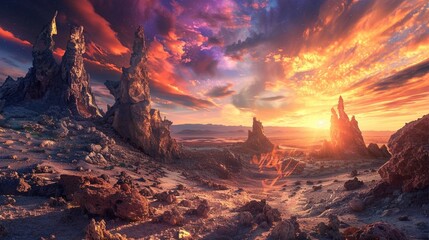 A beautiful sunset over a rocky landscape with unique rock formations and a colorful sky. - Powered by Adobe