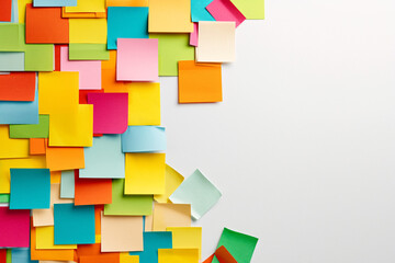Collection of brightly colored sticky notes arranged in a scattered pattern on a white background
