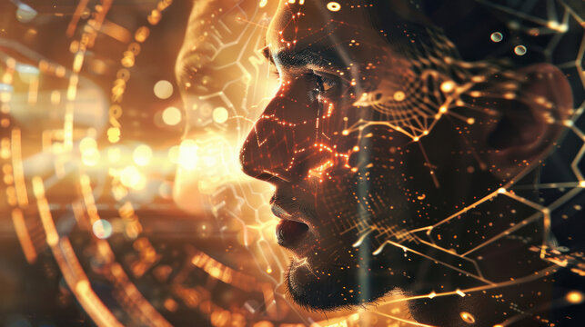 A closeup shot of male face with digital data flowing around him in an array of holographic icons