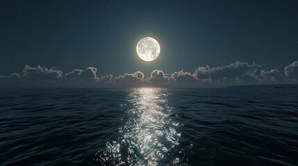 A bright full moon shines over a dark sea, reflecting its light on the water's surface. The sky is filled with clouds, and stars are visible in the background.