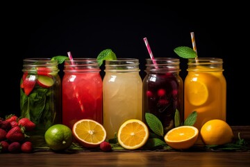 A set of glases of lemonades. Fruit lemonades on wooden table isolated on a black background