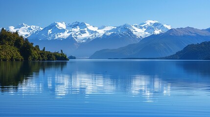 A calm lake with a snow-capped mountain range in the background.