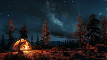A campfire burns near a tent and trees under a starry night sky.