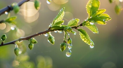 A close-up of a plant with water droplets, hanging from a branch. - Powered by Adobe