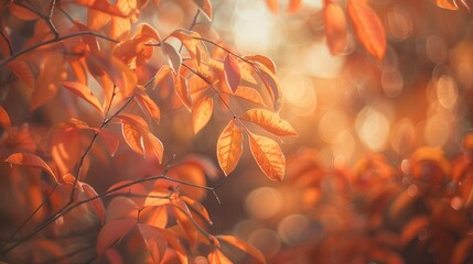 a close-up of two orange-leafed trees, with a blurred background. The leaves are vibrant and have a texture. The lighting is soft and warm