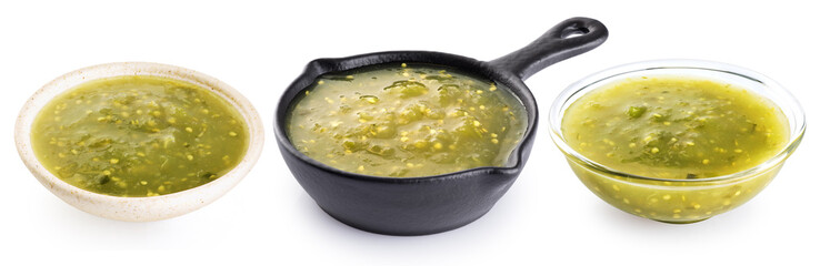 Tomatillo Salsa Verde sauce in sauce pan isolated on white background. With clipping path.